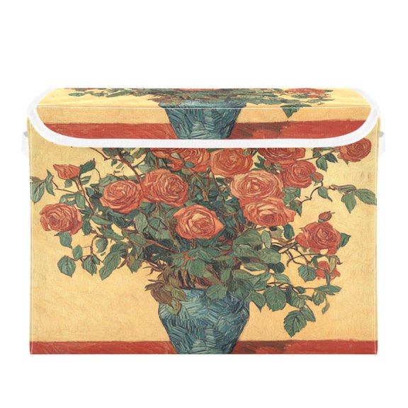 WOBOGO Oil Painting Patterns for Red Rose Pots Large Collapsible Storage Box Flip Lid Fabric Decorative Organizer Container Basket with Handles 16.512.611.8in