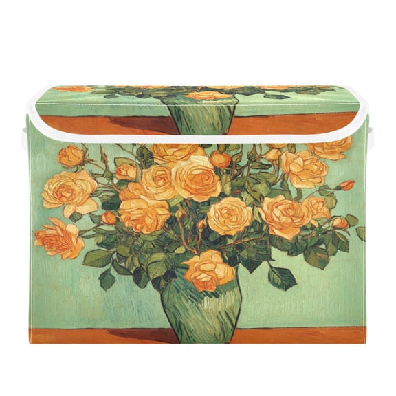 WOBOGO Oil Painting Patterns for Yellow Rose Pots Large Collapsible Storage Box Flip Lid Fabric Decorative Organizer Container Basket with Handles 16.512.611.8in