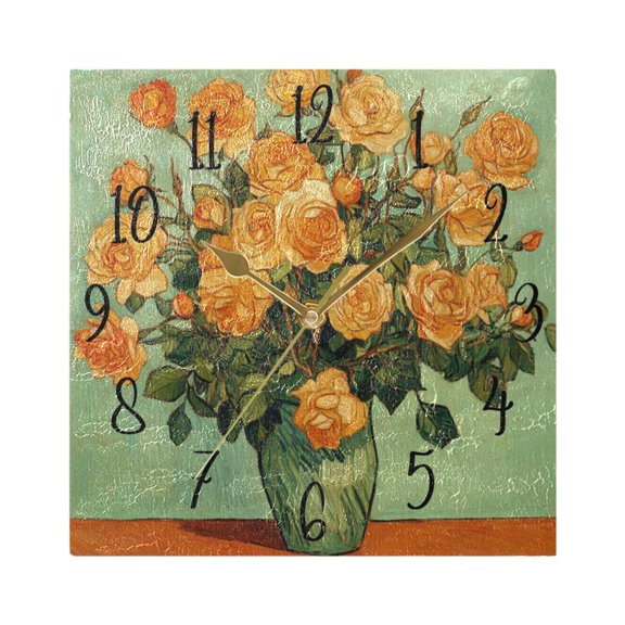 WOBOGO Oil Painting Patterns for Yellow Rose Pots Wall Clock 7.78 Inch Battery Operated Silent Unit Square Rustic Vintage Style for Home Bedroom Office Gold Pointer