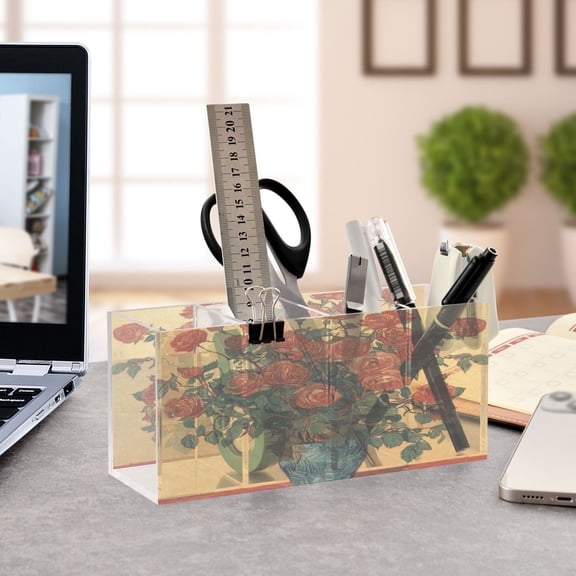 WOBOGO Oil Painting Patterns for Red Rose Pots Acrylic Pen Holder 4 Compartments Clear Pencil Organizer Makeup Brush Storage Case
