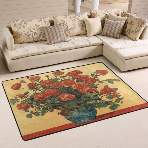 WOBOGO Oil Painting Patterns for Red Rose Pots Carpet Non-Slip Rugs Soft Doormat 36×24in Living Dining Room Bedroom Decorative