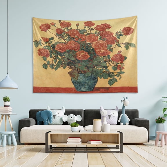WOBOGO Oil Painting Patterns for Red Rose Pots Tapestry 90×60in Home Living Room Bedroom Wall Hanging Ornaments