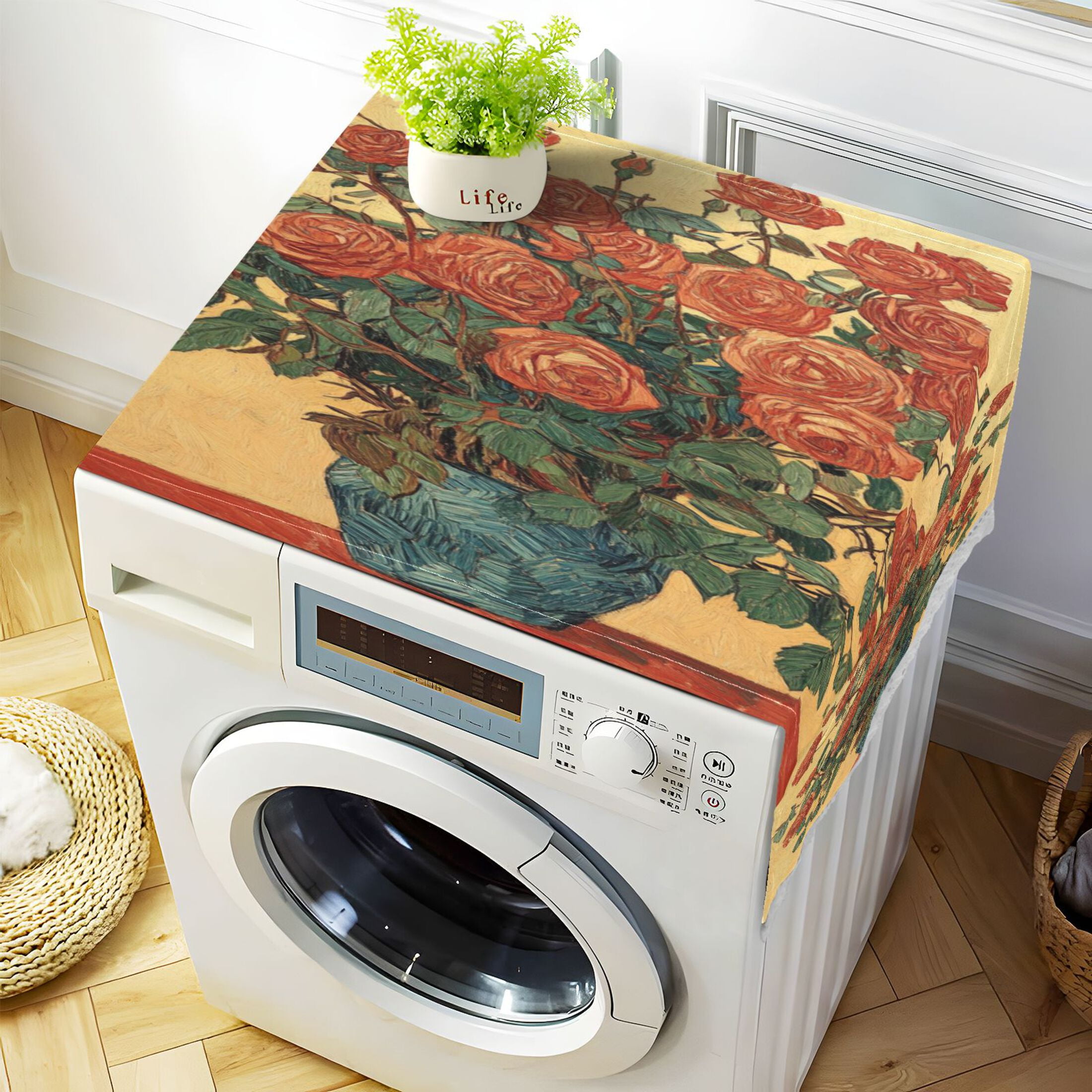 WOBOGO Oil Painting Patterns for Red Rose Pots Washing Machine Cloth Dryer Refrigerator Top Cover Protective Non-Slip Mat For Kitchen Laundry