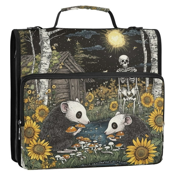 WOBOGO Opossum Mushroom Ring Binder Bag 1.5in Folder Organizer with Shoulder Strap for 13Inch Laptop and 500 Sheets of Paper