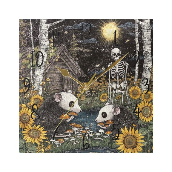 WOBOGO Opossum Mushroom Wall Clock 7.78 Inch Battery Operated Silent Unit Square Rustic Vintage Style for Home Bedroom Office Gold Pointer