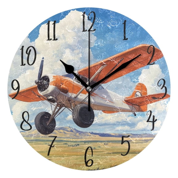 WOBOGO Orange Airplane Wall Clock 10in Silent Mechanism Battery Operated Retro Style for Living Room Bedroom and Kitchen Black Pointer