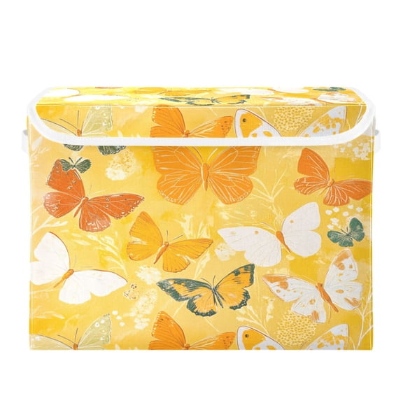 WOBOGO Orange Butterfly Large Collapsible Storage Box Flip Lid Fabric Decorative Organizer Container Basket with Handles 16.512.611.8in