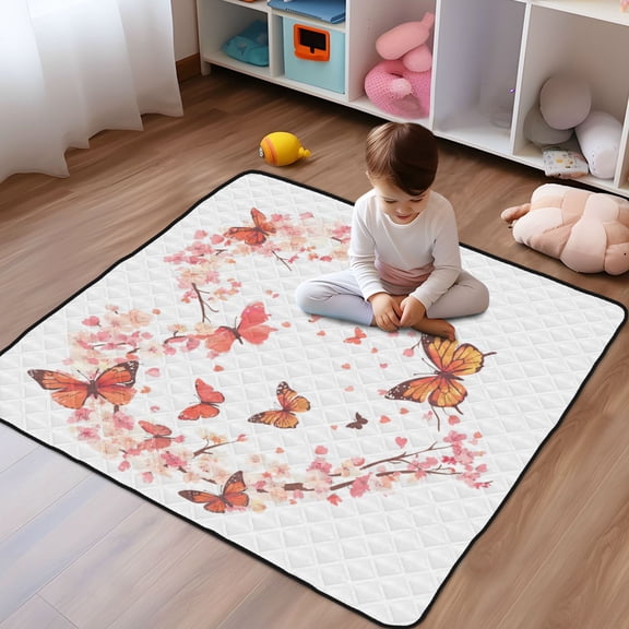 WOBOGO Orange Butterfly Pink Floral Baby Playmats Extra Large Waterproof Rollable Activity Pads for Toddlers 5050inch