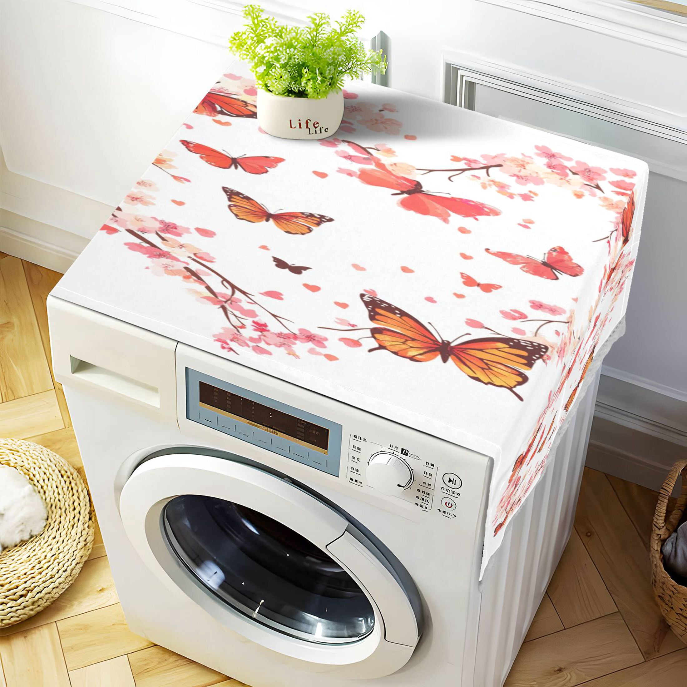 WOBOGO Orange Butterfly Pink Floral Washing Machine Cloth Dryer Refrigerator Top Cover Protective Non-Slip Mat For Kitchen Laundry