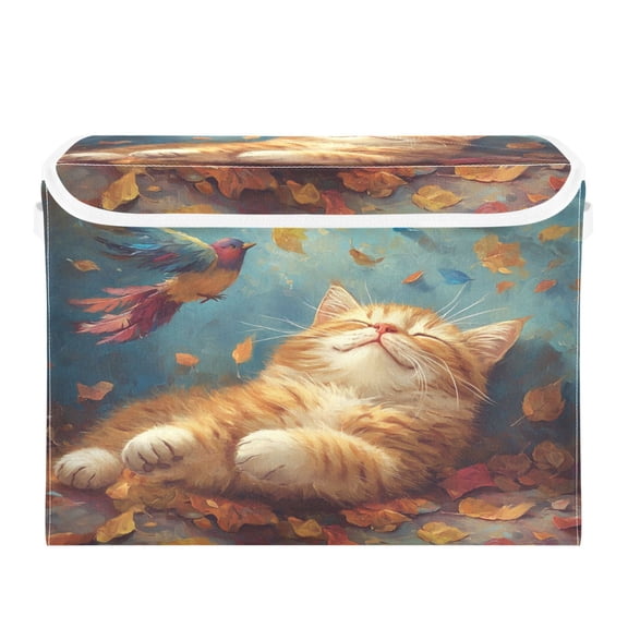 WOBOGO Orange Cat Leaf Fall Large Collapsible Storage Box Flip Lid Fabric Decorative Organizer Container Basket with Handles 16.512.611.8in