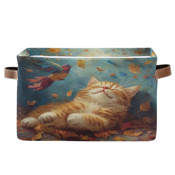 WOBOGO Orange Cat Leaf Fall Square Storage Basket with Waterproof Canvas and PE Lining Durable PU Leather Handles 14.2×10.2×8.3in