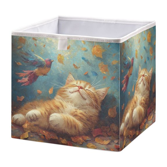 WOBOGO Orange Cat Leaf Fall Storage Basket Foldable Easy to Clean Durable with Hollow Support Plate with Handle 11.02×11.02×11.02 in