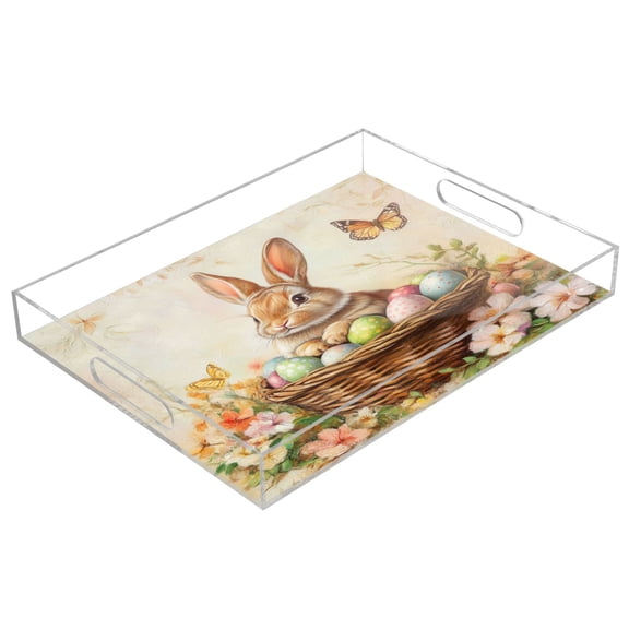 WOBOGO Orange Easter Rabbit Acrylic Serving Trays 15.7x11.8 Inch Spill Proof Clear Decorative Organizer with Handle