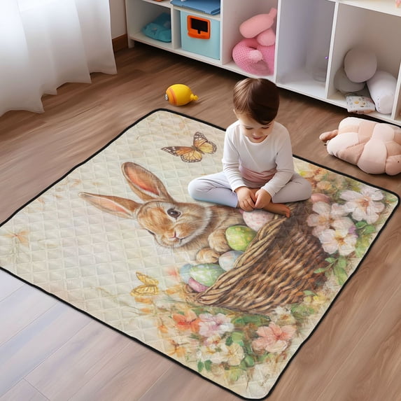 WOBOGO Orange Easter Rabbit Baby Playmats Extra Large Waterproof Rollable Activity Pads for Toddlers 50×50inch