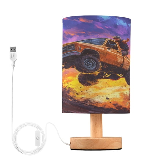 WOBOGO Orange Pickup Truck Jumping Hills Bedroom Table Lamp USB Power Connector Wooden Base Round Linen Shade For Living Room Desk