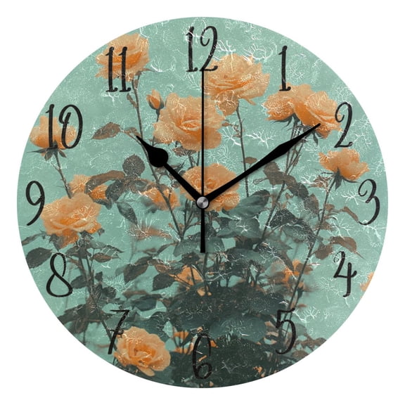 WOBOGO Orange Roses Wall Clock 10in Silent Mechanism Battery Operated Retro Style for Living Room Bedroom and Kitchen Black Pointer