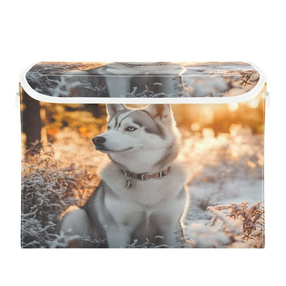 WOBOGO Outdoor Husky Dog Large Collapsible Storage Box Flip Lid Fabric Decorative Organizer Container Basket with Handles 16.512.611.8in