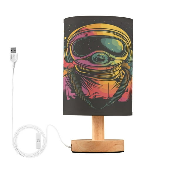WOBOGO Outer Space Astronauts Pattern Bedroom Table Lamp USB Power Connector Wooden Base Round Linen Shade For Living Room Desk
