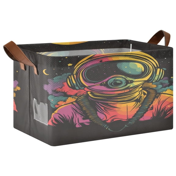 WOBOGO Outer Space Astronauts Pattern Storage Basket 16.9×11.4×10in Collapsible Oversized with Metal Iron Frame Set of 1