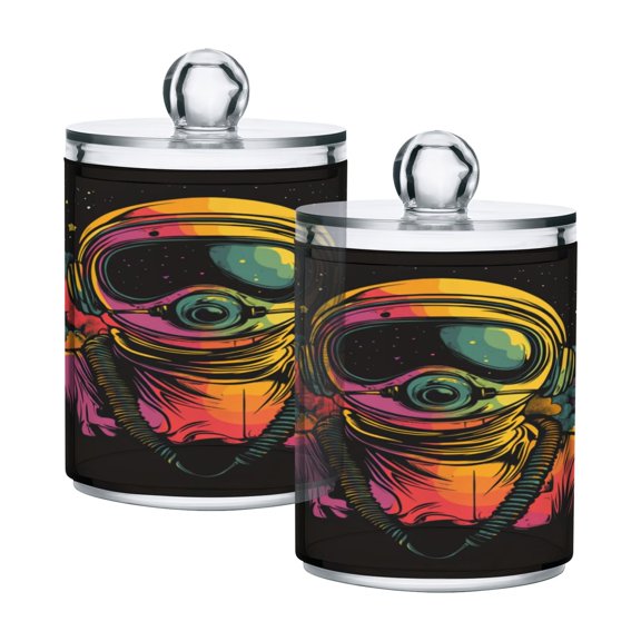 WOBOGO Outer Space Astronauts Pattern Transparent Plastic Jar 2pcs Cotton Swabs Balls Pads Floss Stick Dispenser Bathroom Vanity Storage Organizer