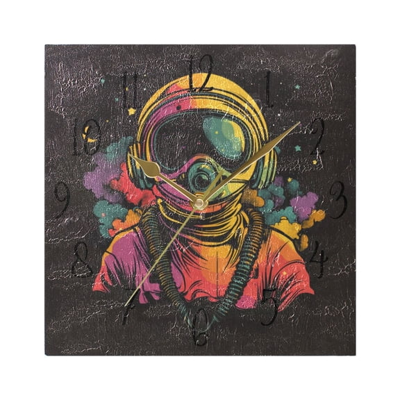 WOBOGO Outer Space Astronauts Pattern Wall Clock 7.78 Inch Battery Operated Silent Unit Square Rustic Vintage Style for Home Bedroom Office Gold Pointer