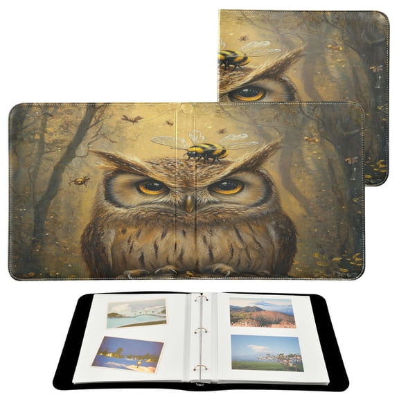 WOBOGO An Owl with Bumblebee Pattern Photo Albums 20 Pages Large Capacity DIY Self-adhesive Page PU Leather Cover for Family Wedding Anniversary Baby Vacation Photos 2411.8in