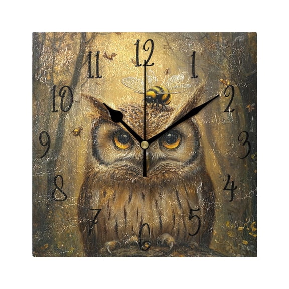 WOBOGO An Owl with Bumblebee Pattern Wall Clock 7.78 Inch Battery Operated Silent Unit Square Rustic Vintage Style for Home Bedroom Office Black Pointer