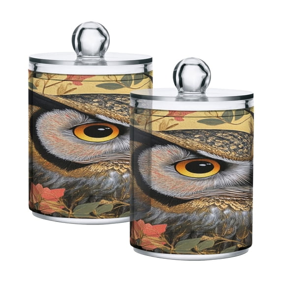 WOBOGO Owl Leaves Yellow Pattern Transparent Plastic Jar 2pcs Cotton Swabs Balls Pads Floss Stick Dispenser Bathroom Vanity Storage Organizer