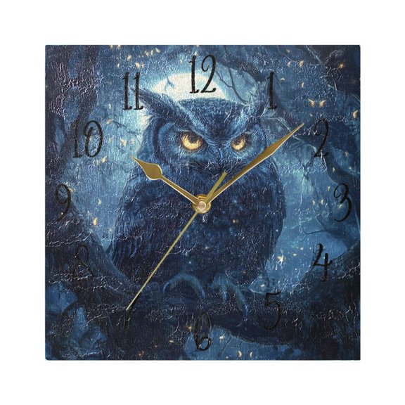 WOBOGO Owl in The Moonlight Pattern Wall Clock 7.78 Inch Battery Operated Silent Unit Square Rustic Vintage Style for Home Bedroom Office Gold Pointer