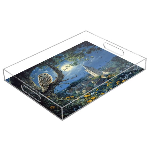 WOBOGO Owl in The Moonlight Acrylic Serving Trays 15.7x11.8 Inch Spill Proof Clear Decorative Organizer with Handle