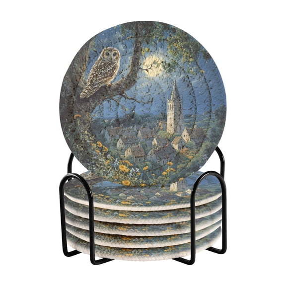 WOBOGO Owl in The Moonlight Coil Coasters Set of 6 Minimalist Cotton Woven 3.94 inch Non-Slip Insulated and Absorbent Home Accessories.