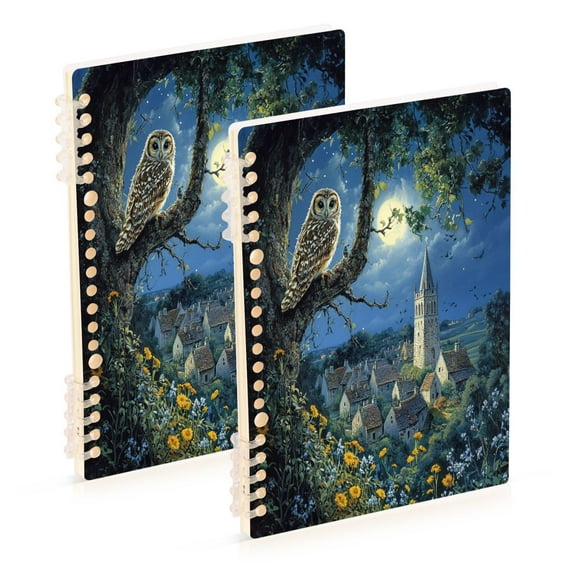 WOBOGO Owl in The Moonlight Notebook College Horizontal Grid Paper Ink Spill Resistant Water Resistant Cover 8.3x5.7x0.4in