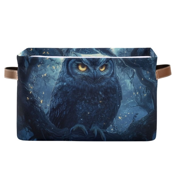 WOBOGO Owl in The Moonlight Pattern Square Storage Basket with Waterproof Canvas and PE Lining Durable PU Leather Handles 14.2×10.2×8.3in
