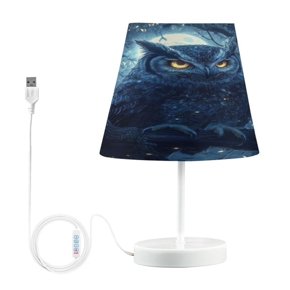 WOBOGO Owl in The Moonlight Pattern Table Lamps Bedroom 3-Speed Dimmable Farm Style with Fabric Shade for Reading and Home Office