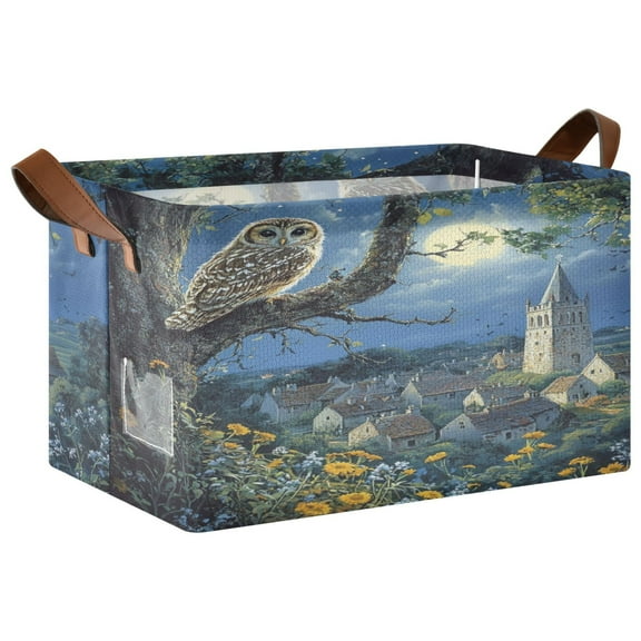 WOBOGO Owl in The Moonlight Storage Basket 16.9×11.4×10in Collapsible Oversized with Metal Iron Frame Set of 1