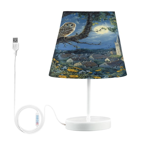 WOBOGO Owl in The Moonlight Table Lamps Bedroom 3-Speed Dimmable Farm Style with Fabric Shade for Reading and Home Office