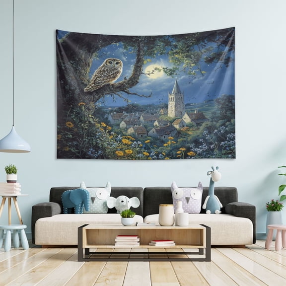 WOBOGO Owl in The Moonlight Tapestry 60×40in Home Living Room Bedroom Wall Hanging Ornaments