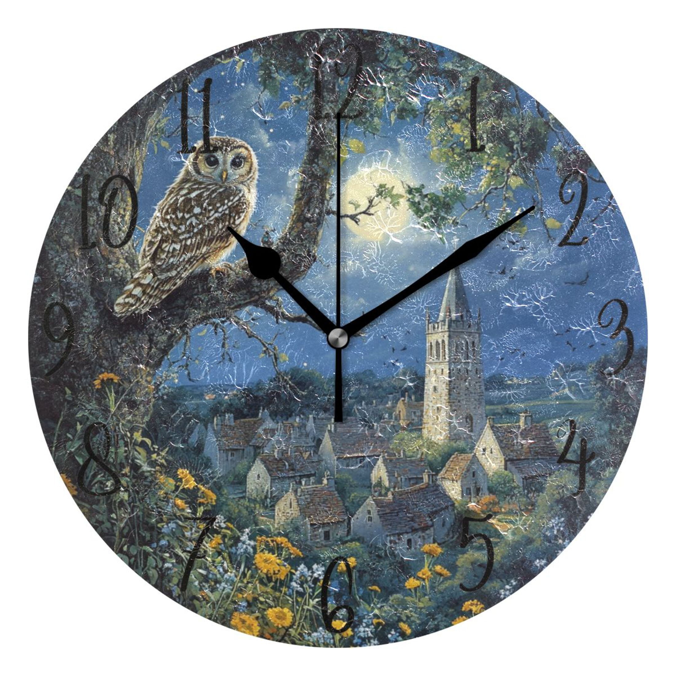 WOBOGO Owl in The Moonlight Wall Clock 10in Silent Mechanism Battery ...
