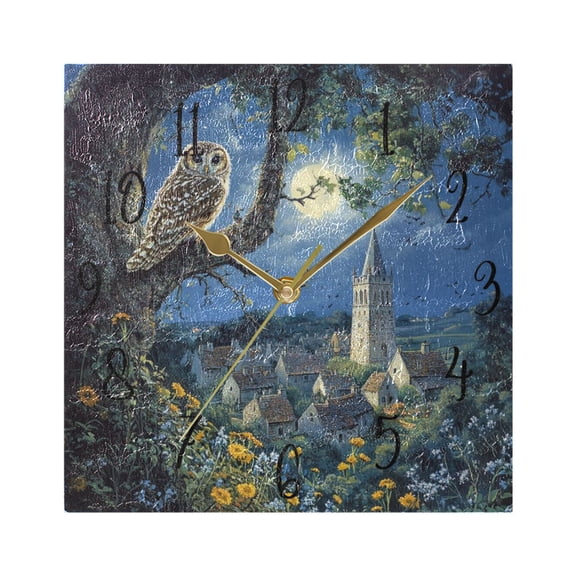 WOBOGO Owl in The Moonlight Wall Clock 7.78 Inch Battery Operated Silent Unit Square Rustic Vintage Style for Home Bedroom Office Gold Pointer
