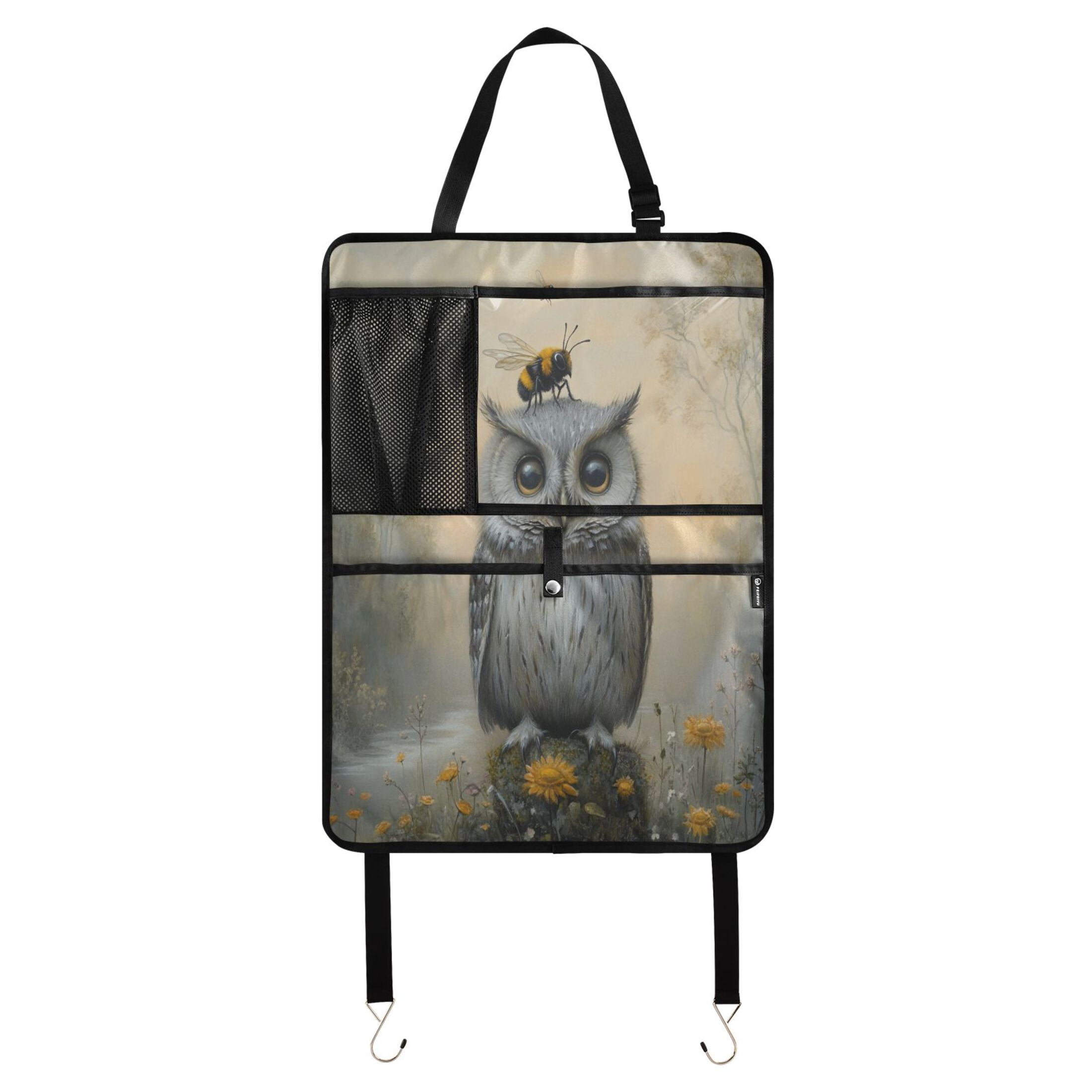 WOBOGO Owls and Bees Pattern Backseat Car Organizer 2 PCS Footed Universal Car with Touch Screen Tablet Holder Rear Seat Protector