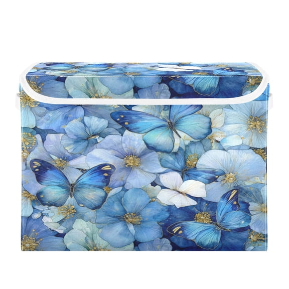 WOBOGO Pale Blue Butterfly Large Collapsible Storage Box Flip Lid Fabric Decorative Organizer Container Basket with Handles 16.512.611.8in