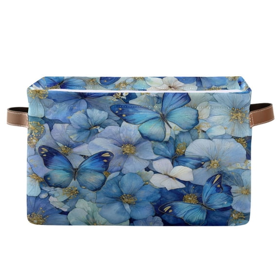 WOBOGO Pale Blue Butterfly Square Storage Basket with Waterproof Canvas and PE Lining Durable PU Leather Handles 14.2×10.2×8.3in