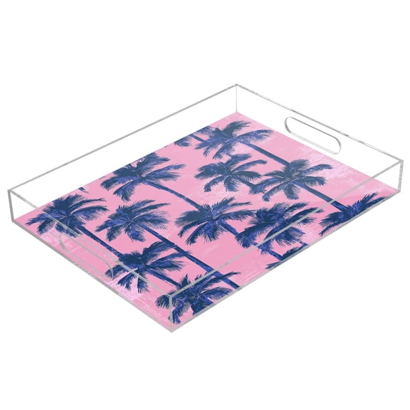 WOBOGO Palm Trees Acrylic Serving Trays 15.7x11.8 Inch Spill Proof Clear Decorative Organizer with Handle