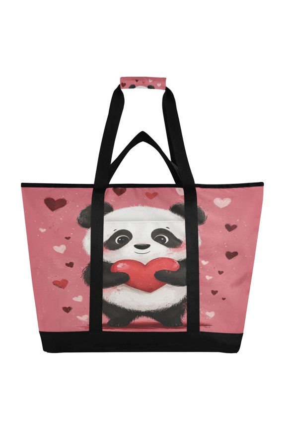 Panda Holding A Heart Pattern Tote Cooler Bag Fold Flat Insulated Shopping Bag With Zipper For Work Picnic Beach Use 186.724in