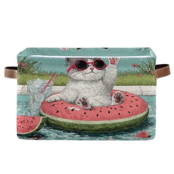 WOBOGO Party Kitty Square Storage Basket with Waterproof Canvas and PE Lining Durable PU Leather Handles 14.2×10.2×8.3in