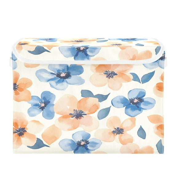 WOBOGO Pastel Peach and Blue Flowers Large Collapsible Storage Box Flip Lid Fabric Decorative Organizer Container Basket with Handles 16.512.611.8in