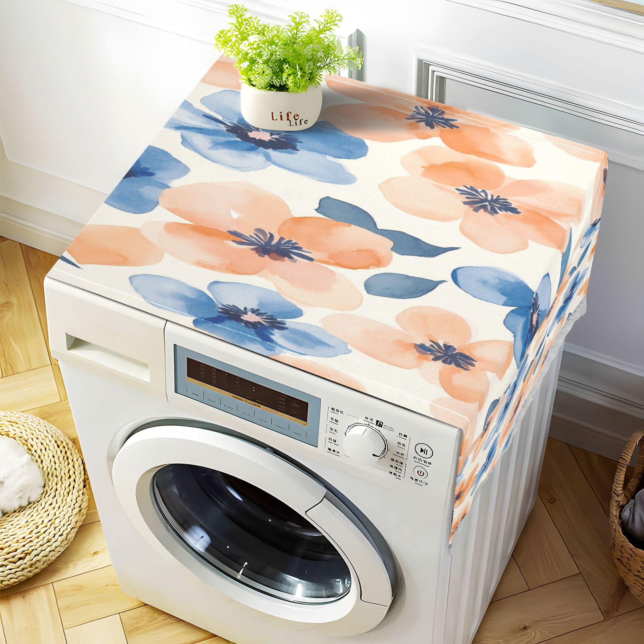 WOBOGO Pastel Peach and Blue Flowers Washing Machine Cloth Dryer Refrigerator Top Cover Protective Non-Slip Mat For Kitchen Laundry