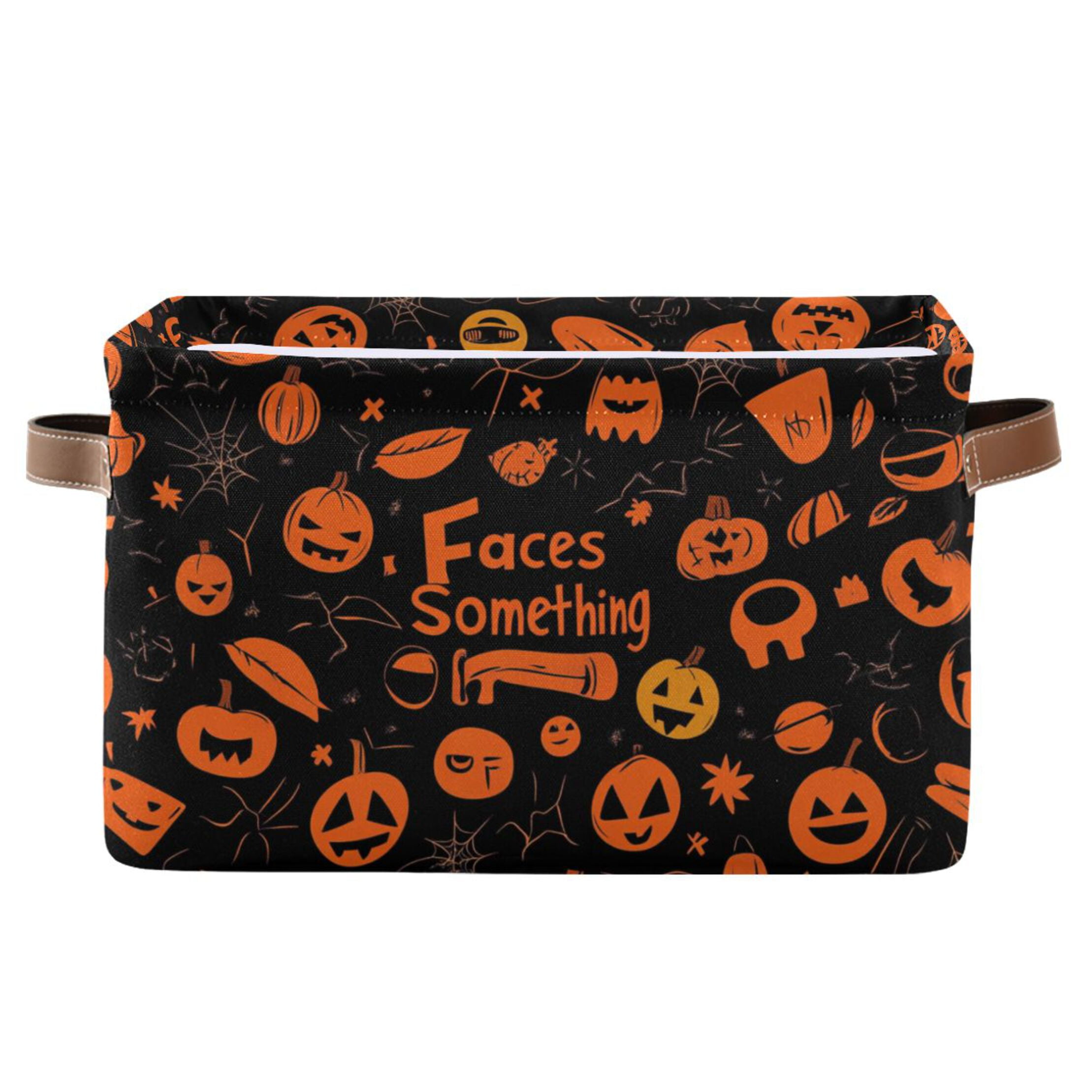WOBOGO Pattern Of Black and Orange Halloween Symbols Square Storage Basket with Waterproof Canvas and PE Lining Durable PU Leather Handles 14.2×10.2×8.3in