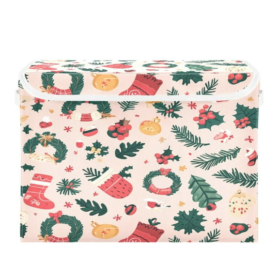 WOBOGO A Pattern with Christmas Stockings and Green Leaves Large Collapsible Storage Box Flip Lid Fabric Decorative Organizer Container Basket with Handles 16.512.611.8in