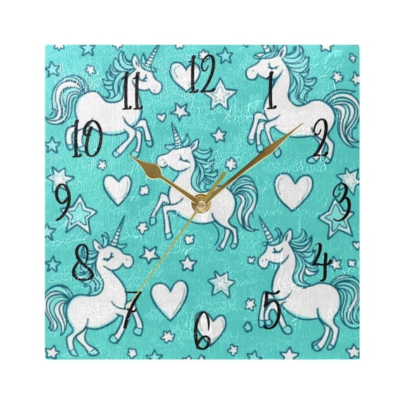 WOBOGO A Pattern with Cute Cartoon Unicorns Wall Clock 7.78 Inch Battery Operated Silent Unit Square Rustic Vintage Style for Home Bedroom Office Gold Pointer